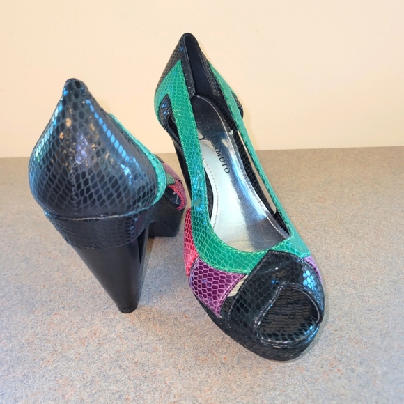 💚Vintage Vince Camuto Multi Color Faux Snakeskin Peep Toe Shoes Pumps💚 - Picture 7 of 9